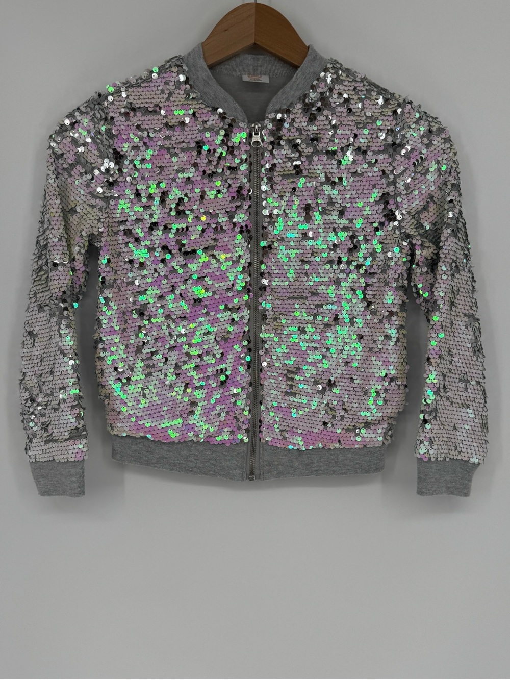 Wonder Nation Girls S (6-6X) Silver/Pink Sequin Full Zip Bomber Jacket
